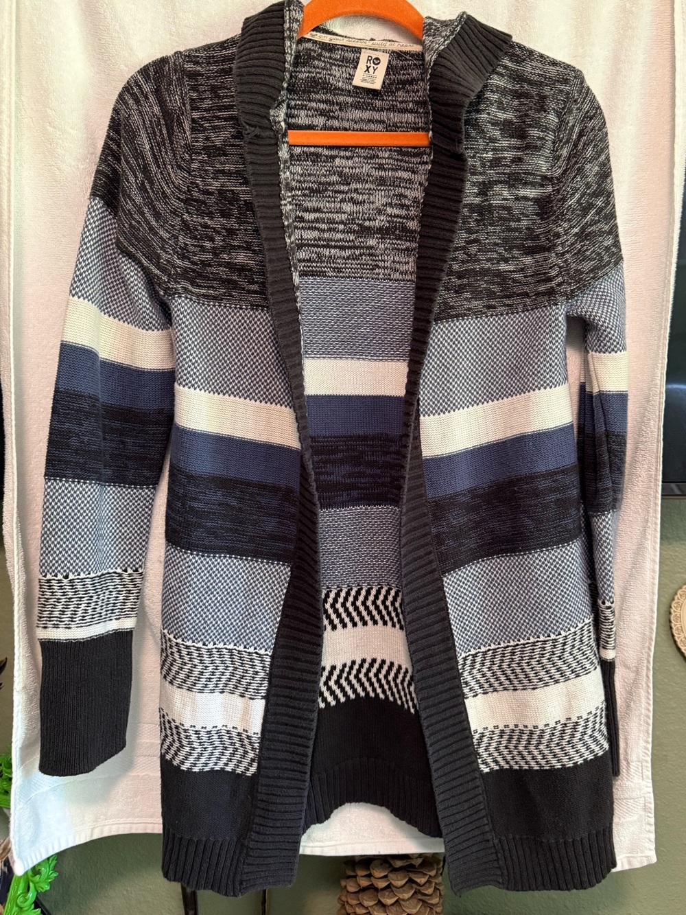 Roxy Hooded Striped Knit Open-Front Cardigan